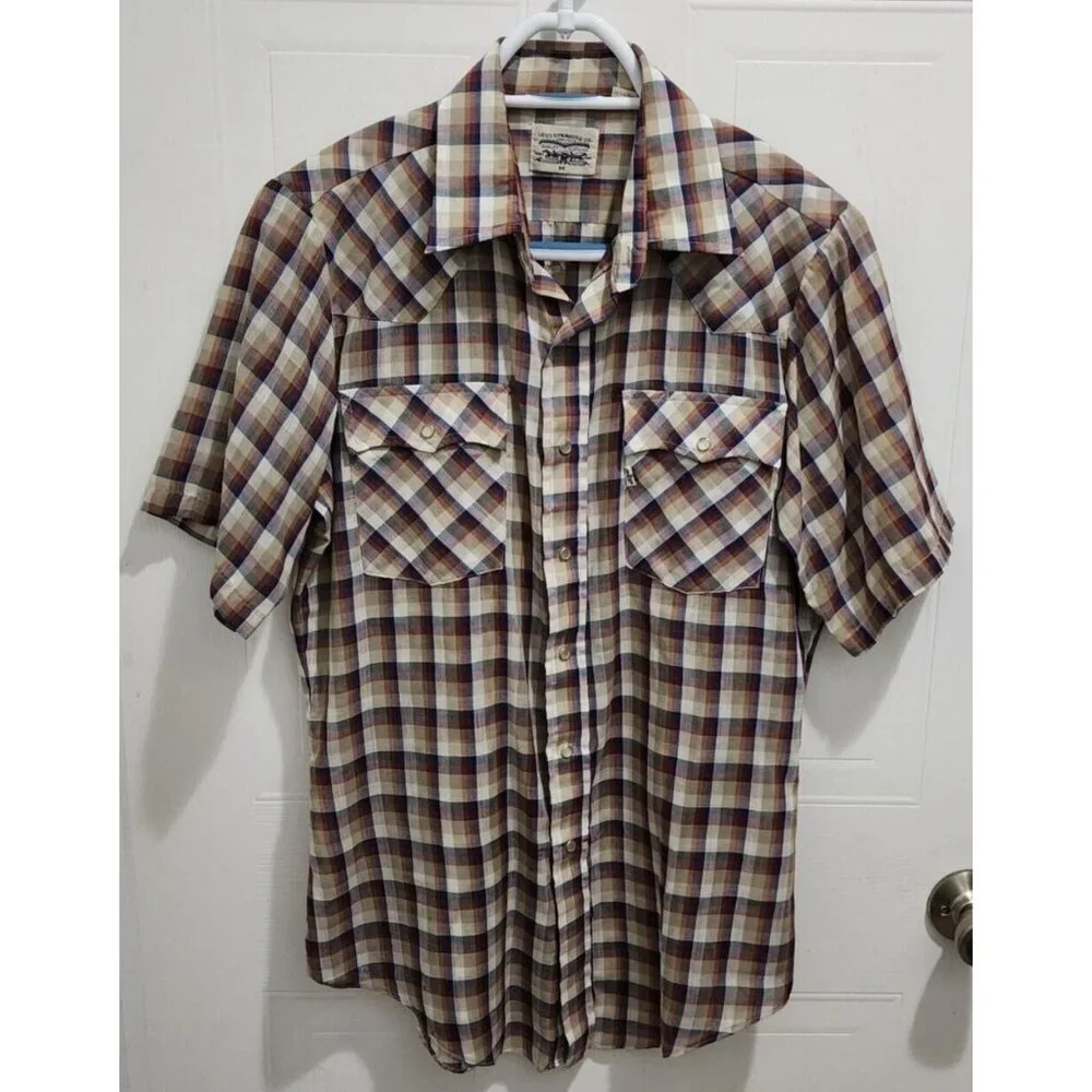 VTG Levis Colorful Plaid Western Cowboy Pearl Snap Short Sleeve Shirt Size M‎